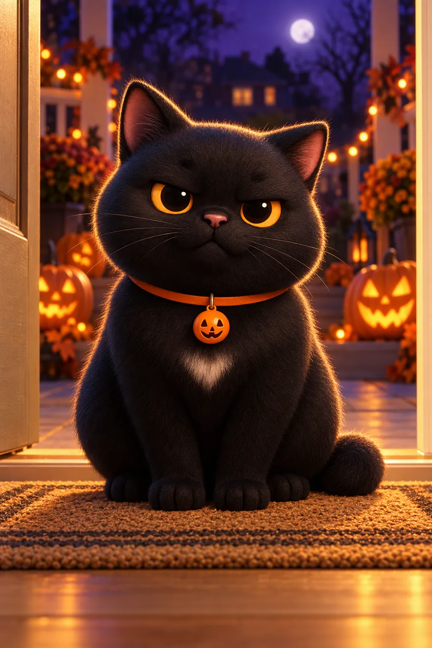 Midnight, a small black cat, sitting on a welcome mat in an open doorway at night, giving a strict judging look
